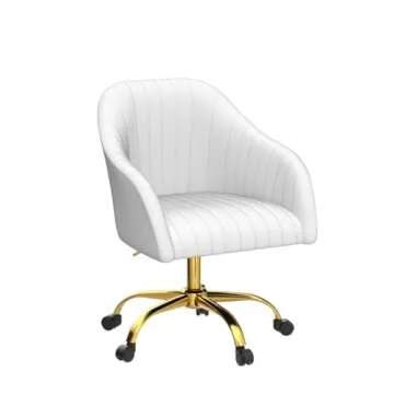 HULALA HOME Velvet Home Office Desk Chair, Modern Cute Computer Task Chair, Wheels Swivel Height Adjustable Upholstered Vanity Chair for Women, Girls (Gold Base, Ivory)