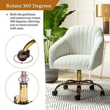 HULALA HOME Velvet Home Office Desk Chair, Modern Cute Computer Task Chair, Wheels Swivel Height Adjustable Upholstered Vanity Chair for Women, Girls (Gold Base, Ivory)