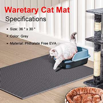 Waretary Large Cat Litter Mat: 36"x 30" Easy-Clean Honeycomb Double-Layer Scatter Control Carpet, Urine & Waterproof Kitty Cat Litter Box Trapping Mat(Grey)