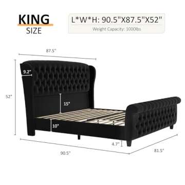 LUXOAK King Size Platform Bed Frame, Velvet Upholstered Sleigh Bed with Curved Headboard & Footboard...