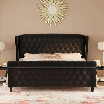 LUXOAK King Size Velvet Sleigh Bed with Curved Design