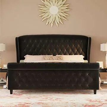 LUXOAK King Size Velvet Sleigh Bed with Curved Design