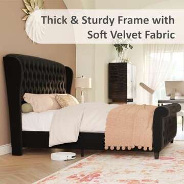 LUXOAK King Size Velvet Sleigh Bed with Curved Design