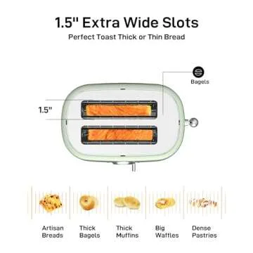 LONGDEEM Toaster 2 Slice with Extra Wide Slots & Removable Crumb Tray 6 Browning Options, Auto Shut Off & Frozen Function, Toast Fruit Bread, Bagel & Waffle, Green