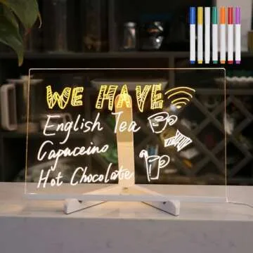 2025 New LED Note Board with Colors, Light Up Acrylic Message Board Light Up Dry Erase Board with Adjustable Stand and 7 Colors Pen, LED Illuminated Drawing Board for Office School Home (15 * 15cm)