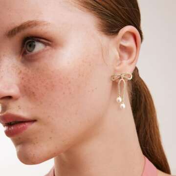 Foxgirl Bow Earrings for Women, Pearl Drop Earrings for Women Ctue Rhinestone Long Tassel Earrings Gold Stud Earrings Long Bow Stud Earrings Jewelry