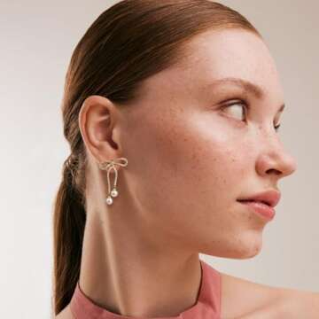 Foxgirl Bow Earrings for Women, Pearl Drop Earrings for Women Ctue Rhinestone Long Tassel Earrings Gold Stud Earrings Long Bow Stud Earrings Jewelry