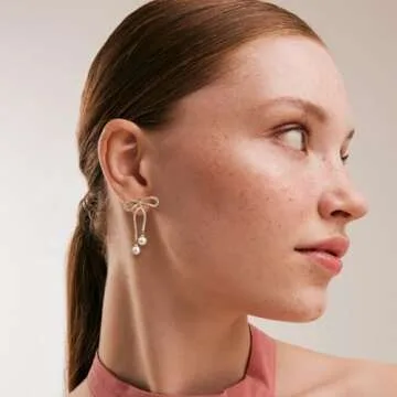 Foxgirl Bow Earrings for Women, Pearl Drop Earrings for Women Ctue Rhinestone Long Tassel Earrings Gold Stud Earrings Long Bow Stud Earrings Jewelry