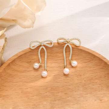 Foxgirl Bow Earrings for Women, Pearl Drop Earrings for Women Ctue Rhinestone Long Tassel Earrings Gold Stud Earrings Long Bow Stud Earrings Jewelry