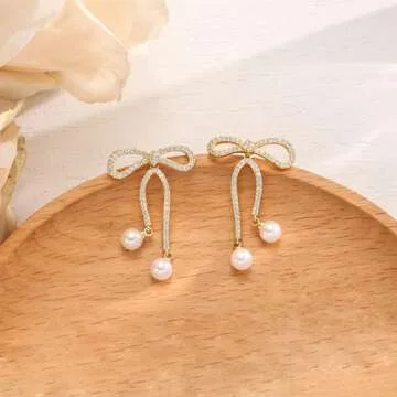Foxgirl Bow Earrings for Women, Pearl Drop Earrings for Women Ctue Rhinestone Long Tassel Earrings Gold Stud Earrings Long Bow Stud Earrings Jewelry