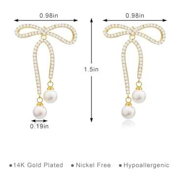 Foxgirl Bow Earrings for Women, Pearl Drop Earrings for Women Ctue Rhinestone Long Tassel Earrings Gold Stud Earrings Long Bow Stud Earrings Jewelry