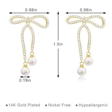 Foxgirl Bow Earrings for Women, Pearl Drop Earrings for Women Ctue Rhinestone Long Tassel Earrings Gold Stud Earrings Long Bow Stud Earrings Jewelry