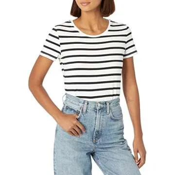 Amazon Essentials Women's Classic-Fit Short-Sleeve Crewneck T-Shirt, Pack of 2, Black/White Stripe, Large