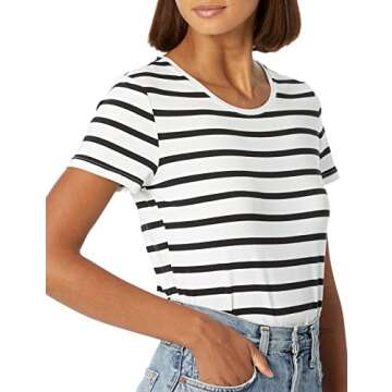 Amazon Essentials Women's Classic-Fit Short-Sleeve Crewneck T-Shirt, Pack of 2, Black/White Stripe, Large