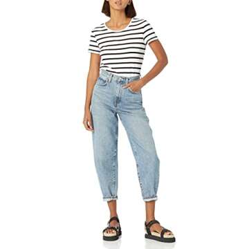 Amazon Essentials Women's Classic-Fit Short-Sleeve Crewneck T-Shirt, Pack of 2, Black/White Stripe, Large