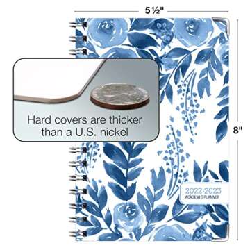 Global Printed Products Designer Agenda for 2022-2023 Academic Calendar Year - 5.5x8 in Hardcover - College Students and Teachers Daily, Weekly, Monthly Planners - Includes Bookmark - Blue Bloom