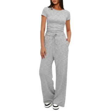 Darong Women's 2 Piece Outfits Lounge Sets Ruched Short Sleeve Tops and High Waisted Wide Leg Pants ...