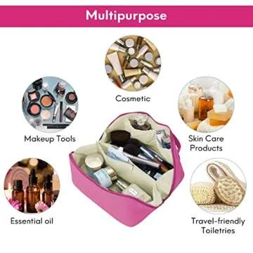 WUSHENG Makeup Bag Large Capacity Travel Cosmetic Bag Make up Bag Waterproof Open Flat Travel Make up Bag Portable PU Leather Everything Cosmetics Bag for Woman (Rose Red)