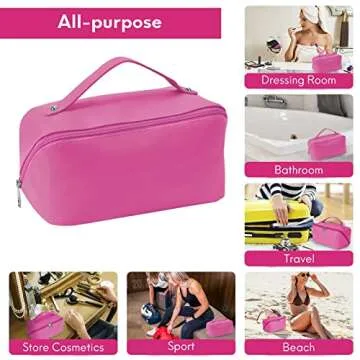 WUSHENG Makeup Bag Large Capacity Travel Cosmetic Bag Make up Bag Waterproof Open Flat Travel Make up Bag Portable PU Leather Everything Cosmetics Bag for Woman (Rose Red)