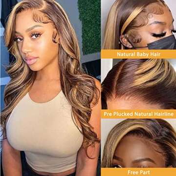 ecnuxza Honey Blonde Ombre Lace Front Wig Human Hair Pre Plucked 13x4 HD Transparent 4/27 Highlight with Baby Hair 180% Density Colored Body Wave Lace Front wig for Women 20 Inch