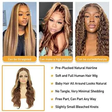 ecnuxza Honey Blonde Ombre Lace Front Wig Human Hair Pre Plucked 13x4 HD Transparent 4/27 Highlight with Baby Hair 180% Density Colored Body Wave Lace Front wig for Women 20 Inch
