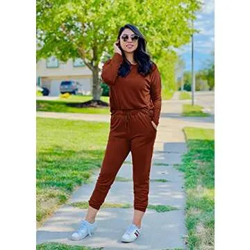 PRETTYGARDEN Women's Fall 2 Piece Lounge Outfit Long Sleeve Crewneck Pullover Tops High Waisted Pants Set Tracksuit (Brick Red,Small)