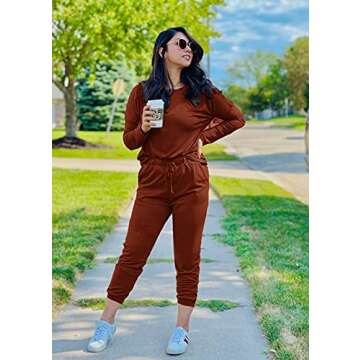 PRETTYGARDEN Women's Fall 2 Piece Lounge Outfit Long Sleeve Crewneck Pullover Tops High Waisted Pants Set Tracksuit (Brick Red,Small)