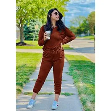 PRETTYGARDEN Women's Fall 2 Piece Lounge Outfit Long Sleeve Crewneck Pullover Tops High Waisted Pants Set Tracksuit (Brick Red,Small)