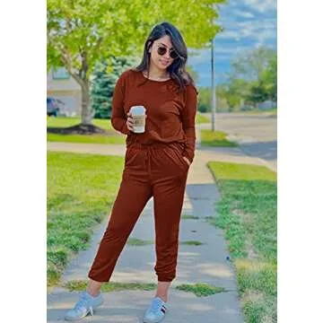 PRETTYGARDEN Women's Fall 2 Piece Lounge Outfit Long Sleeve Crewneck Pullover Tops High Waisted Pants Set Tracksuit (Brick Red,Small)