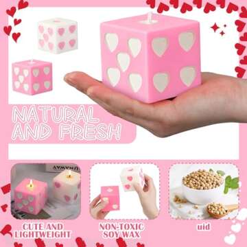Threlaco 2 Pcs Heart Dice Candles 4 x 2.4 x 2.4 Inch Soy Wax Decorative Candles Aesthetic Dice Decor Handmade Danish Pastel Room Decor(White, Pink)
