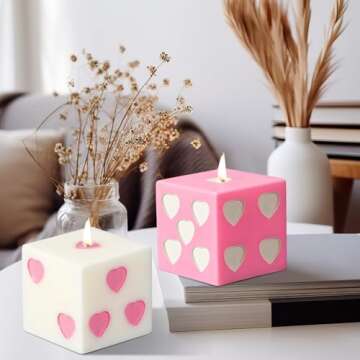 Threlaco 2 Pcs Heart Dice Candles 4 x 2.4 x 2.4 Inch Soy Wax Decorative Candles Aesthetic Dice Decor Handmade Danish Pastel Room Decor(White, Pink)