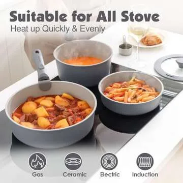 SENSARTE 17 Piece Ceramic Pots and Pans Set, Nonstick Detachable Handle Cookware, Induction Kitchen Cookware Set with Removable Handle, Dishwasher ＆ Oven Safe, PFAS/PTFE/PFOA Free (Gray)