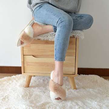 Parlovable Women's Fuzzy Slippers Comfy Cross Band House Shoes Memory Foam Open Toe Indoor Gifts for Ladies White/Camel 7-8