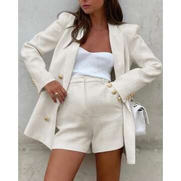 Cicy Bell Womens 2 Piece Tweed Blazer Shorts Sets Long Sleeve Double Breasted Suit Jackets Business Outfit Beige