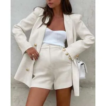 Cicy Bell Womens 2 Piece Tweed Blazer Shorts Sets Long Sleeve Double Breasted Suit Jackets Business Outfit Beige
