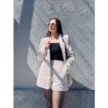 Cicy Bell Womens 2 Piece Tweed Blazer Shorts Sets Long Sleeve Double Breasted Suit Jackets Business Outfit Beige