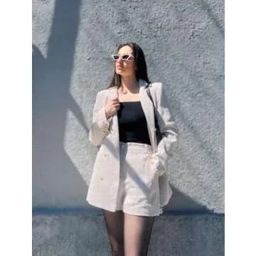 Cicy Bell Womens 2 Piece Tweed Blazer Shorts Sets Long Sleeve Double Breasted Suit Jackets Business Outfit Beige