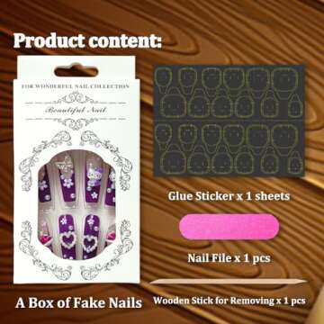 24Pcs Purple Coffin Nails Press on Nails 3D Flowers Pearl Butterfly Nail Charms Design Fake Nails wi...