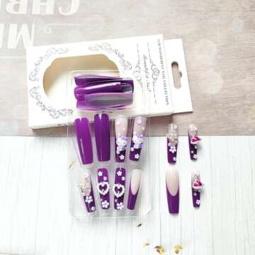 24Pcs Purple Coffin Nails Press on Nails 3D Flowers Pearl Butterfly Nail Charms Design Fake Nails with Glue Purple Acrylic Nails Supply 3D Flowers Full Cover False Nails for Women and Girls