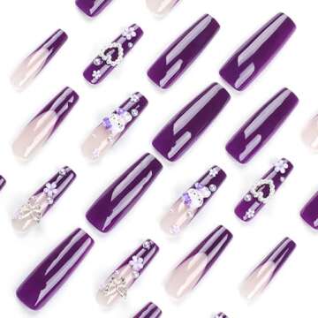 24Pcs Purple Coffin Nails Press on Nails 3D Flowers Pearl Butterfly Nail Charms Design Fake Nails with Glue Purple Acrylic Nails Supply 3D Flowers Full Cover False Nails for Women and Girls