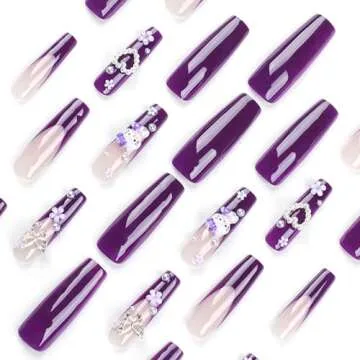 24Pcs Purple Coffin Nails Press on Nails 3D Flowers Pearl Butterfly Nail Charms Design Fake Nails with Glue Purple Acrylic Nails Supply 3D Flowers Full Cover False Nails for Women and Girls