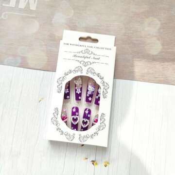 24Pcs Purple Coffin Nails Press on Nails 3D Flowers Pearl Butterfly Nail Charms Design Fake Nails with Glue Purple Acrylic Nails Supply 3D Flowers Full Cover False Nails for Women and Girls