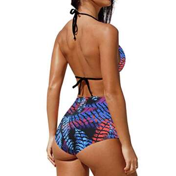 Upopby Women's Sexy Halter Push Up Bikini Set Padded Triangle High Waisted Two Pieces Swimsuits Swimwear Printed Feather Black L
