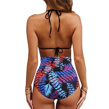 Upopby Women's Sexy Halter Push Up Bikini Set Padded Triangle High Waisted Two Pieces Swimsuits Swimwear Printed Feather Black L