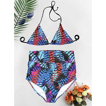Upopby Women's Sexy Halter Push Up Bikini Set Padded Triangle High Waisted Two Pieces Swimsuits Swimwear Printed Feather Black L
