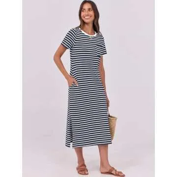 ANRABESS Womens Summer Casual Midi Dress Short Sleeve Crewneck T Shirt Long Dresses Split Stripe Bea...