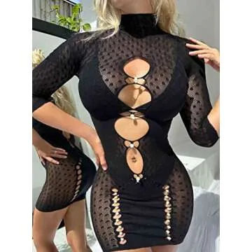 Dewinya Women's Fishnet One Size Lace Babydoll Chemise Lingerie Cover Up Swimsuit Black 13-YDT231