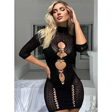 Dewinya Women's Fishnet One Size Lace Babydoll Chemise Lingerie Cover Up Swimsuit Black 13-YDT231