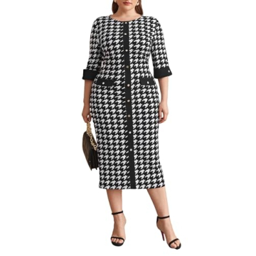 WDIRARA Women's Plus Size Houndstooth Dress - Stylish Comfort