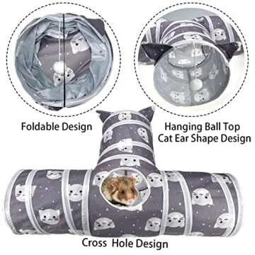 Vehomy Cat Kitten Tunnels Rabbit 3 Way Collapsible Tunnel with Cute Kitten Patterns and Cat Ears Small Pet Hideout Activity Tunnel Tube Toy for Bunny Kitten Cat Dwarf Guinea Pig T Shape